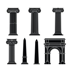 Architectural Silhouette Collection Featuring Classical Columns Obelisks and a Majestic Archway Celebrating Art History and Architectural Heritage