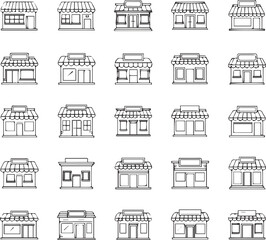 Collection of shop and store front icons isolated on white background