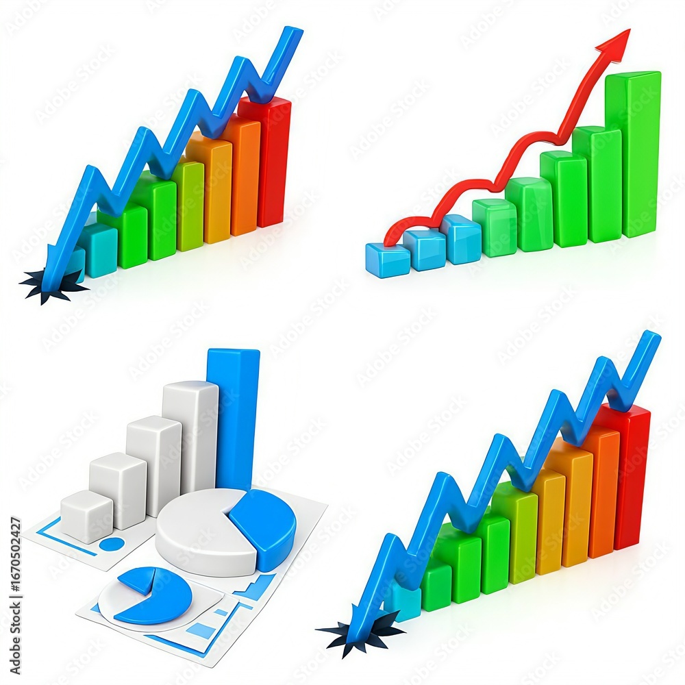 Aufkleber four colorful 3d bar and line graphs showing upward financial trends and data analysis
