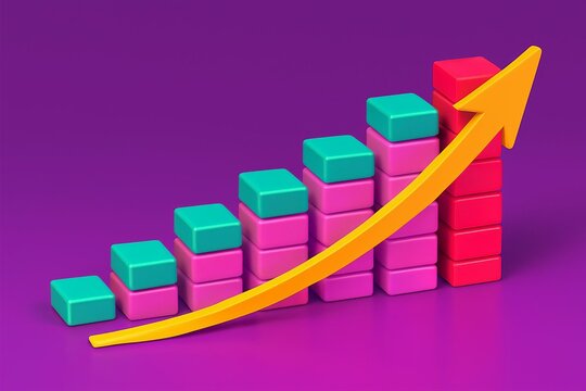 3d bar chart with arrow showing upward trend and growth on purple background