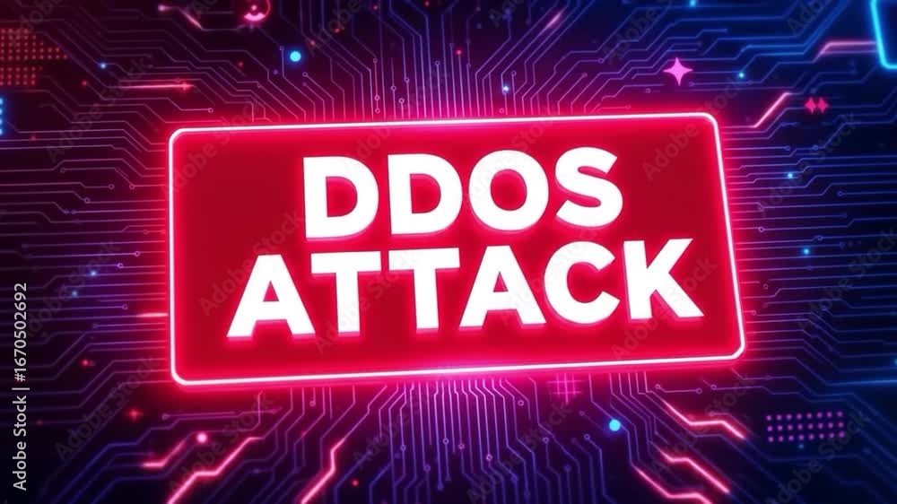 Poster illuminated red sign displays ddos attack on a digital circuit board background