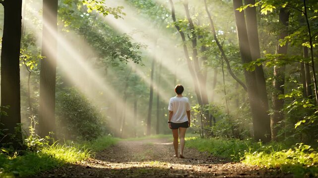 Young athlete jogging forest path sunbeams cinematic lifestyle motivation fitness journey wellness concept promotional wellness coaching healthy living horizontal