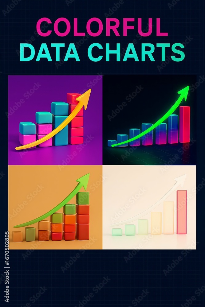 Poster four vibrant and colorful data charts displaying upward trends and growth with glowing arrows