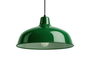 Green metal industrial style pendant lamp hanging from ceiling with transparent background