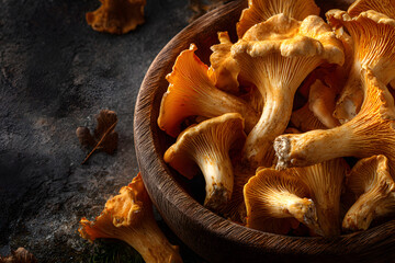 Top view of fresh chanterelle mushrooms in a wooden owl with several mushroomsscattered on light stone bckground