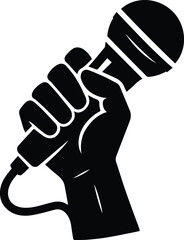 Hand Holding Microphone: Bold Black and White Icon, Powerful Voice, Protest, Speech, Announcement, Performance, Music,  Karaoke,  Public Speaking Graphic.