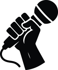 Powerful Hand Holding Microphone: Bold Black and White Vector Illustration, Strong Voice, Protest, Speech, Announcement Concept.