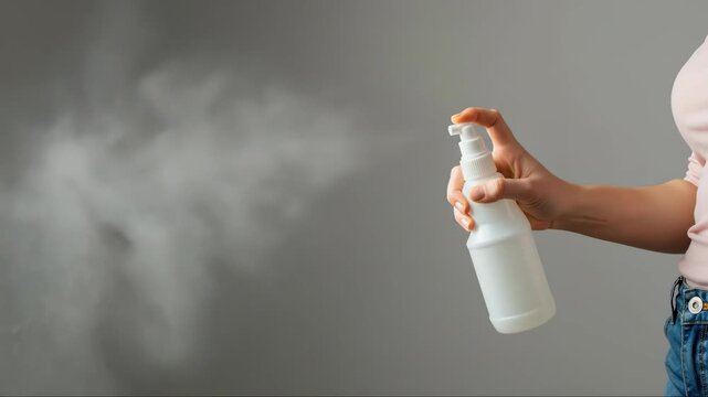 Hand holding white spray bottle for disinfection cleaning, hygiene safety concept for sanitizing protection health care antibacterial household use