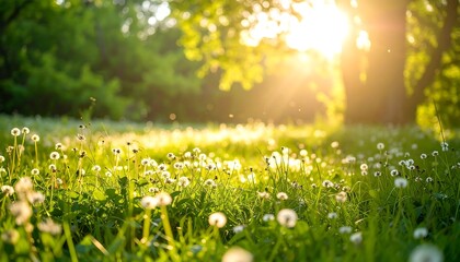 Fototapeta premium Sunlit Dandelion Meadow Sunset.