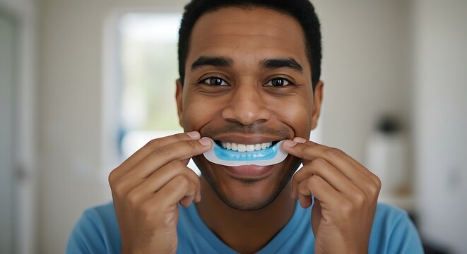 Radiant smile enhancement concept featuring a joyful man using teeth whitening strips