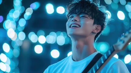 Naklejka premium Joy A musician playing guitar with a beaming smile, lost in the music.