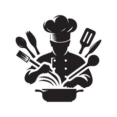 cooking in kitchen with utensils vector silhouette outline logo design concept illustration