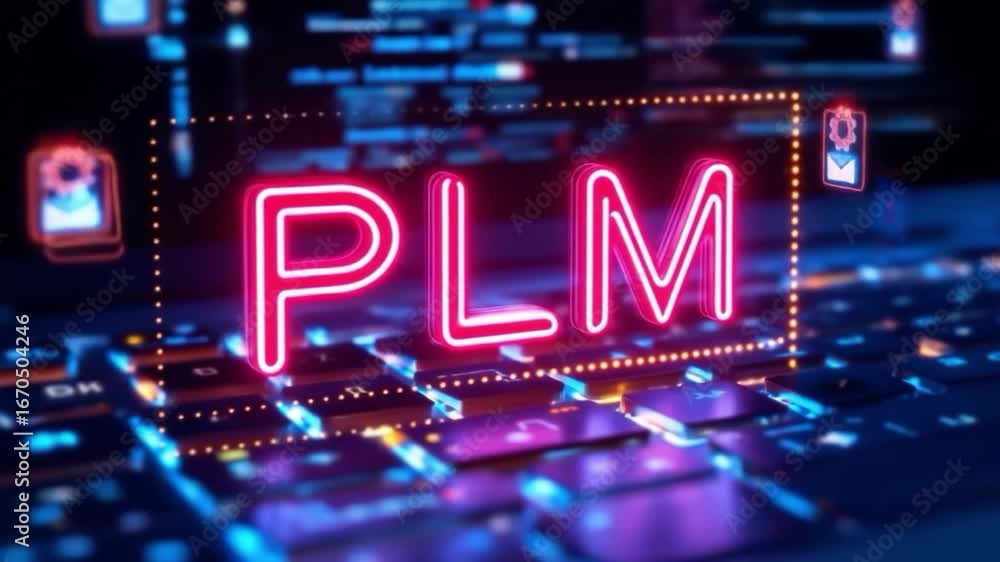 Aufkleber plm technology concept with neon glow on a futuristic computer keyboard