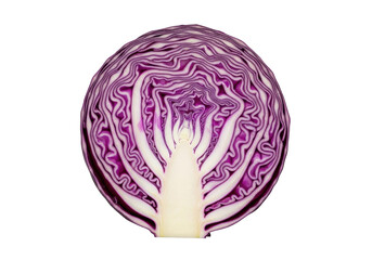 Fototapeta premium Meticulously cut fresh red cabbage cross-section, vibrant purple-indigo layers, white core, delicate veins, clean transparent background, top-down view. Concept of natural beauty and intricate detail