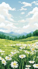 Fototapeta premium Cross stitch farm daisy field landscape nature grassland.