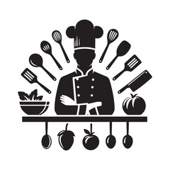 cooking in kitchen with utensils vector silhouette outline logo design concept illustration
