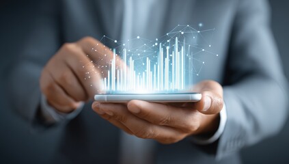 Businessman holding a phone with a glowing graph overlay