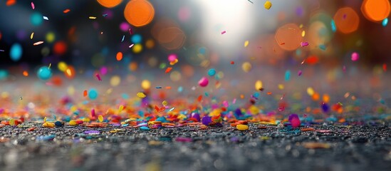 Colorful confetti falling on a dark surface