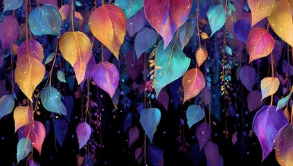 Vibrant, colorful leaves cascading downwards against a dark background