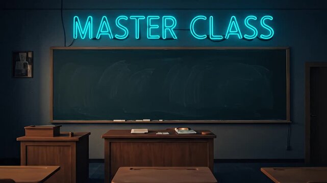Empty classroom with Master Class neon sign, educational background, dark moody atmosphere