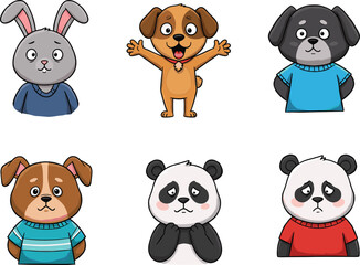 Cute animal emotions vector set – cartoon dog, panda, bunny in sweaters showing happy, sad, confused faces – character clipart