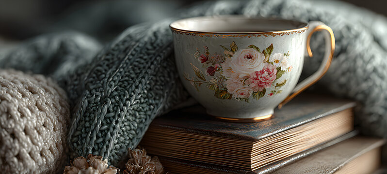 The teacup on stacked books in a cozy knitted blanke and pillow setting