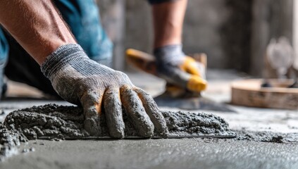 Close-up of worker smoothing concrete floor