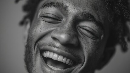 Monochrome portrait of a gleeful man with eyes closed in unadulterated joy