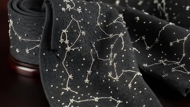 Dark fabric, rolled, with shimmering, celestial constellation patterns beaded on top