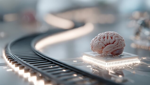 A 3D render of a brain atop a circuit board, with glowing light trails and curved railway tracks