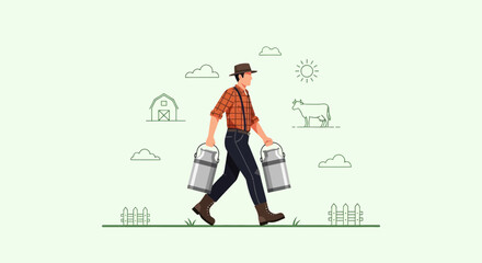 Countryside Farmer Carrying Buckets With Milk Harvesting With A Barn Background