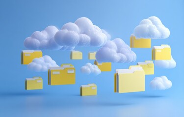 Abstract illustration of cloud storage. Floating yellow folders and fluffy clouds on a light blue background