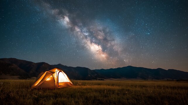 Camping Under the Celestial Canvas: An illuminated tent nestles serenely beneath the mesmerizing expanse of the Milky Way, against a backdrop of rolling hills and tranquil night sky.