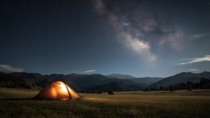 Camping Under the Milky Way: A serene camping scene unfolds under a starlit sky, with a tent bathed in a warm, inviting glow.