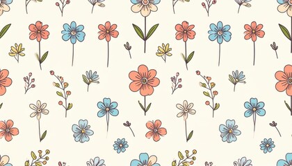 Fototapeta premium HandDrawn Wildflower Doodles in a Seamless Pastel Pattern.