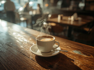 Steaming cup of coffee on a wooden table hot drink
