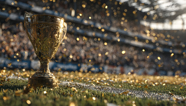 Golden trophy stands on green stadium grass with faling confetti. Cheering crod in background celebratesvictory. Sunlight beams onchampionship cup symbolizig success and achievement n sports. - Powered by Adobe