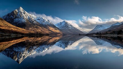 Majestic Mountain Reflection: Breathtaking mountain range mirrored on the glassy surface of a serene lake, displaying the stunning landscape. 