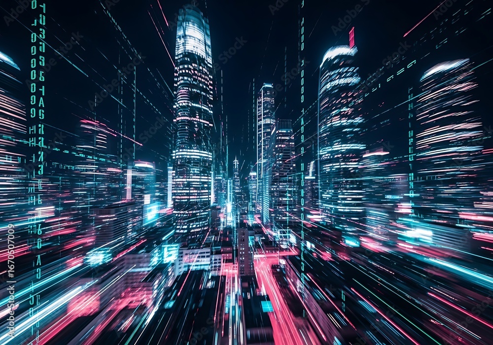 Poster digital metropolis with vibrant light streaks representing data flow and urban infrastructure