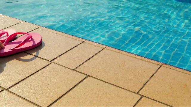 Pink flip flops placed on pool deck beside crystal clear turquoise water, summer vacation relaxation concept for resort holiday lifestyle leisure tim