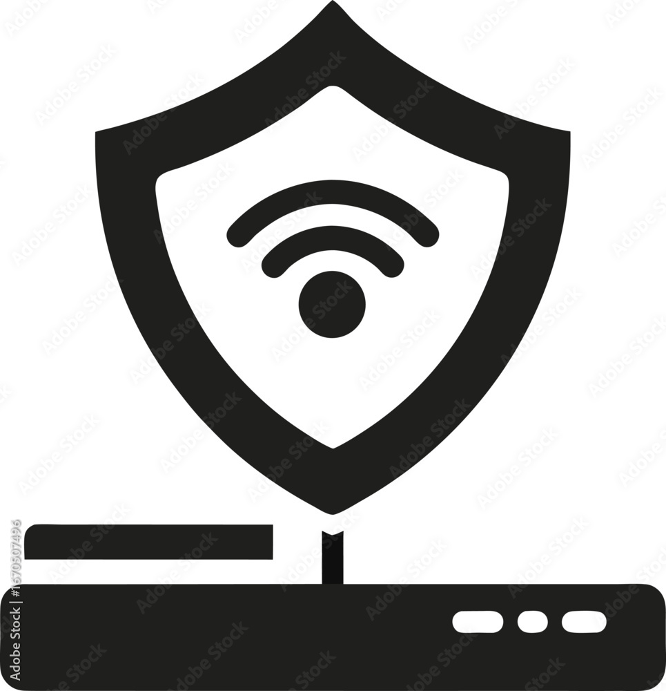 Poster black and white icon of a shield with wifi symbol and router