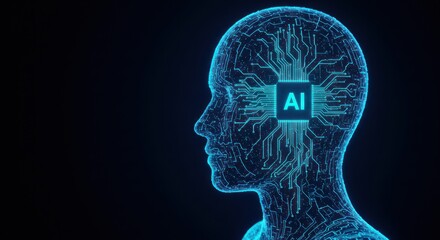 Artificial intelligence concept: human head outline with circuit board brain.