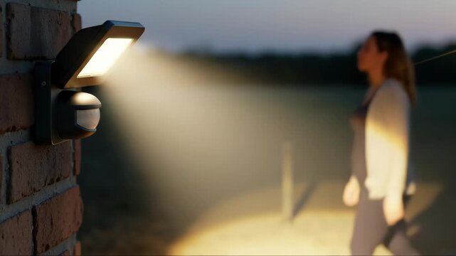 Motion sensor security light activated on brick wall during evening, outdoor smart home protection system, energy efficient LED illumination technolog