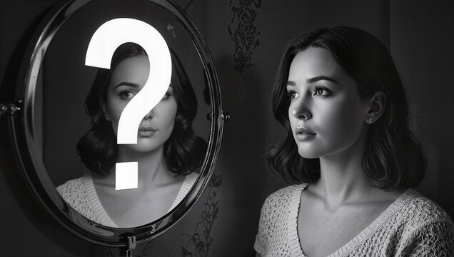 Woman standing by mirror with question mark overlay