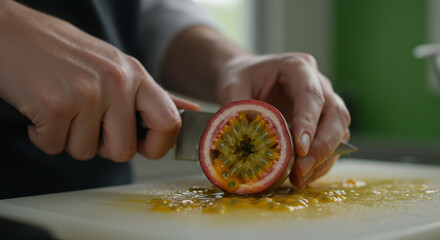 Chef slicing vibrant passion fruit to reveal juicy seeds for delicious culinary creations.
