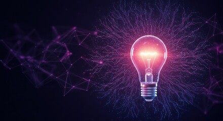 Glowing lightbulb surrounded by abstract purple network on a dark background.