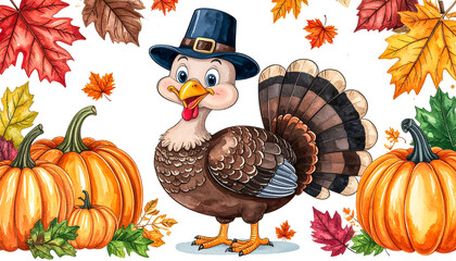 Cartoon thanksgiving turkey with pumpkins and autumn leaves