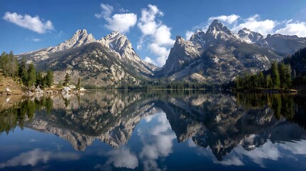 Mirror Reflection of Majestic Mountains: A serene landscape of snow-capped mountains mirrored in a still lake under a bright blue sky and fluffy clouds, creating a breathtaking view. 