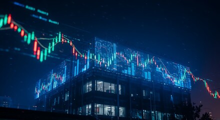 Nightscape of commerce overlaid with futuristic financial market analytics and stock graph trends