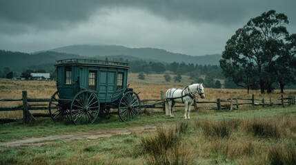 Naklejka premium Vintage Horse-Drawn Carriage Beside Tranquil Rural Landscape
